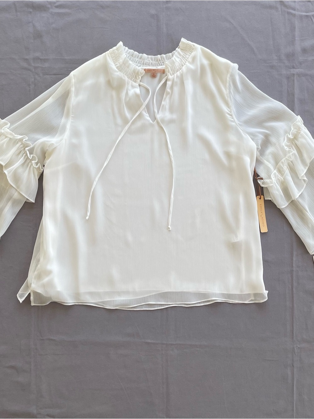 Gibson Latimer Womens XL Blouse chiffon Shirt smocked neck ruffle sleeve white